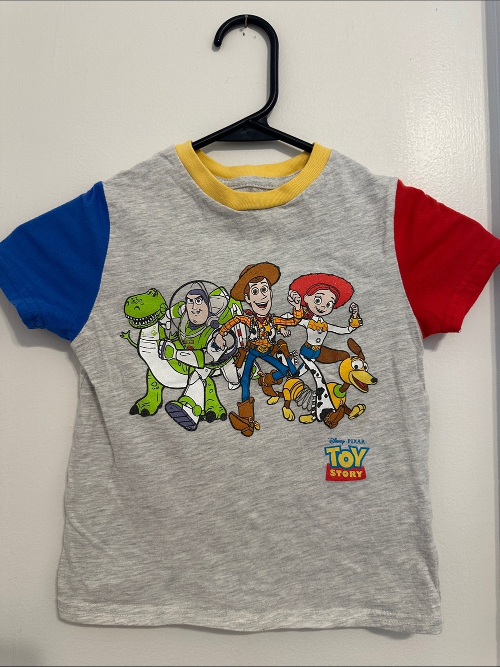 Disney Toy Story Gray Tee with Blue & Red Sleeves and Yellow Neck